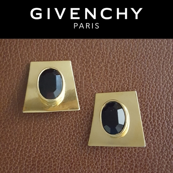 Givenchy Vintage Gold & Black Stone Clip On Earrings - Picture 1 of 5